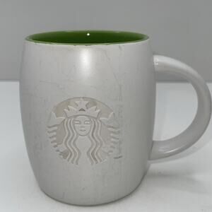 STARBUCKS COFFEE SIREN MERMAID MUG CUP 2011 WHITE GREEN ETCHED EMBOSSED BARREL